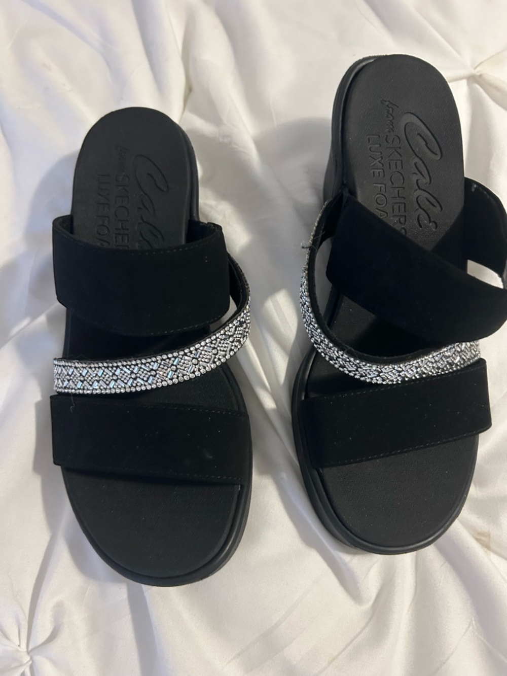 Sketchers  Black Slide Sandals with Silver Crystal Strap